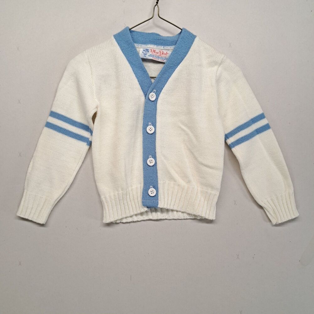 Vintage Toddler Blue Bird 2T Cardigan Sweater Orlon Acrylic USA 60s 70s White